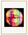 A close-up of lips with bright, multicolored streaks and textures, centered on a white background in a gallery-quality wood frame—ideal for conscious interior design. Features a small signature in the bottom right corner.