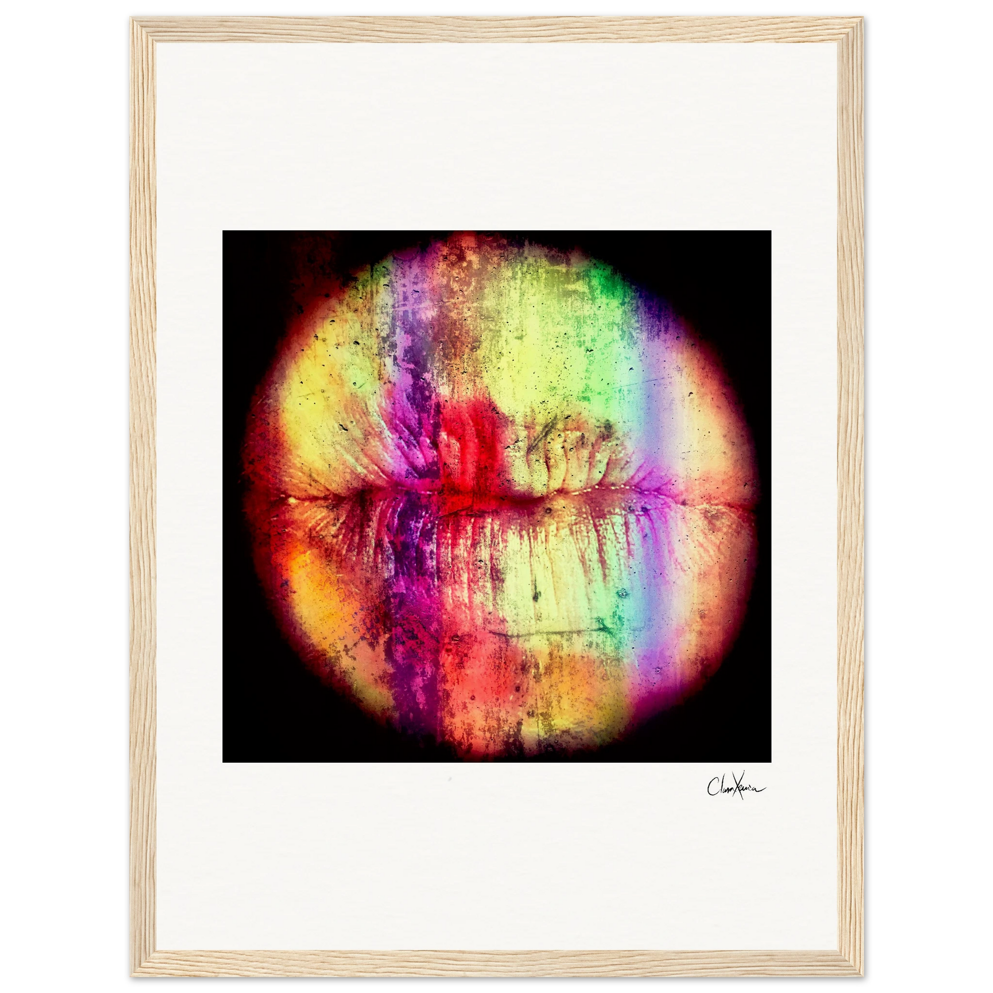 A close-up of lips with bright, multicolored streaks and textures, centered on a white background in a gallery-quality wood frame—ideal for conscious interior design. Features a small signature in the bottom right corner.