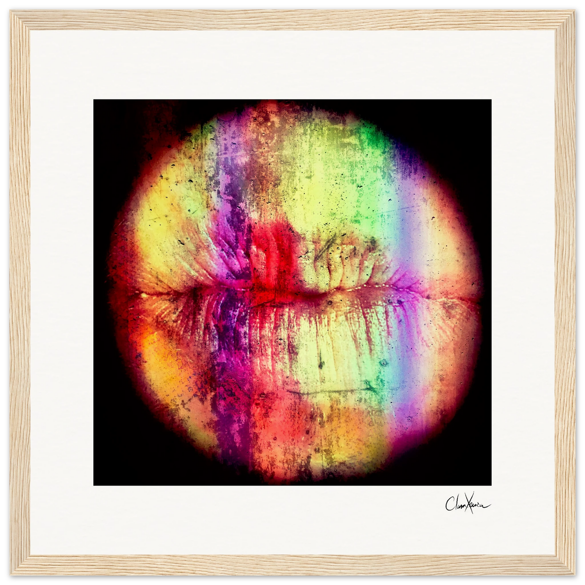 A close-up of lips with a textured surface and bright rainbow streaks on a black background, set in a wood frame—ideal as vibrant wall art to inspire any conscious interior design.