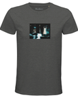 A Grey Melange short-sleeve t-shirt featuring a small, centered rectangular art print on the chest with human shapes in a blurry, dark-toned image accented by light blue—an expressive piece of mindful apparel.