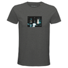 A Grey Melange short-sleeve t-shirt featuring a small, centered rectangular art print on the chest with human shapes in a blurry, dark-toned image accented by light blue—an expressive piece of mindful apparel.