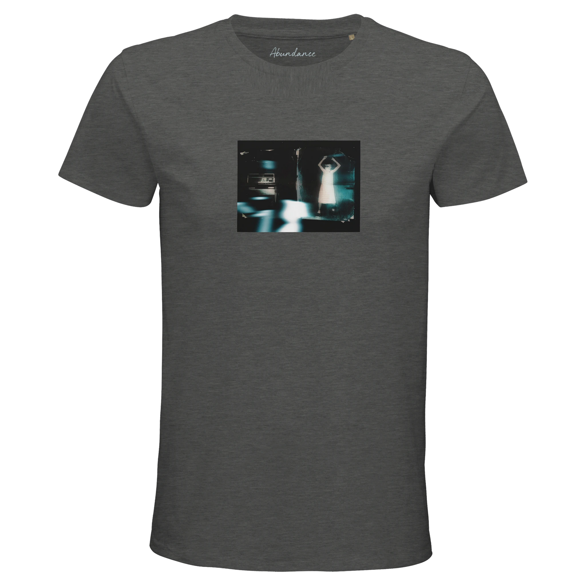 A Grey Melange short-sleeve t-shirt featuring a small, centered rectangular art print on the chest with human shapes in a blurry, dark-toned image accented by light blue—an expressive piece of mindful apparel.