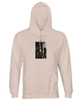 A creamy pink hooded sweatshirt with a front pocket, featuring a rectangular graphic of metal tools on the chest—crafted for those who appreciate conscious fashion.