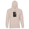 A creamy pink hooded sweatshirt with a front pocket, featuring a rectangular graphic of metal tools on the chest—crafted for those who appreciate conscious fashion.