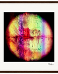 A close-up of lips is overlaid with a rainbow-like texture, blending colors in a circular, gallery-quality dark wood frame for an abstract, vibrant effect—ideal for mindful home decor.