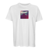 A white T-shirt crafted as mindful apparel, featuring a small, square, abstract chest print with blurred colors and a central silhouette.