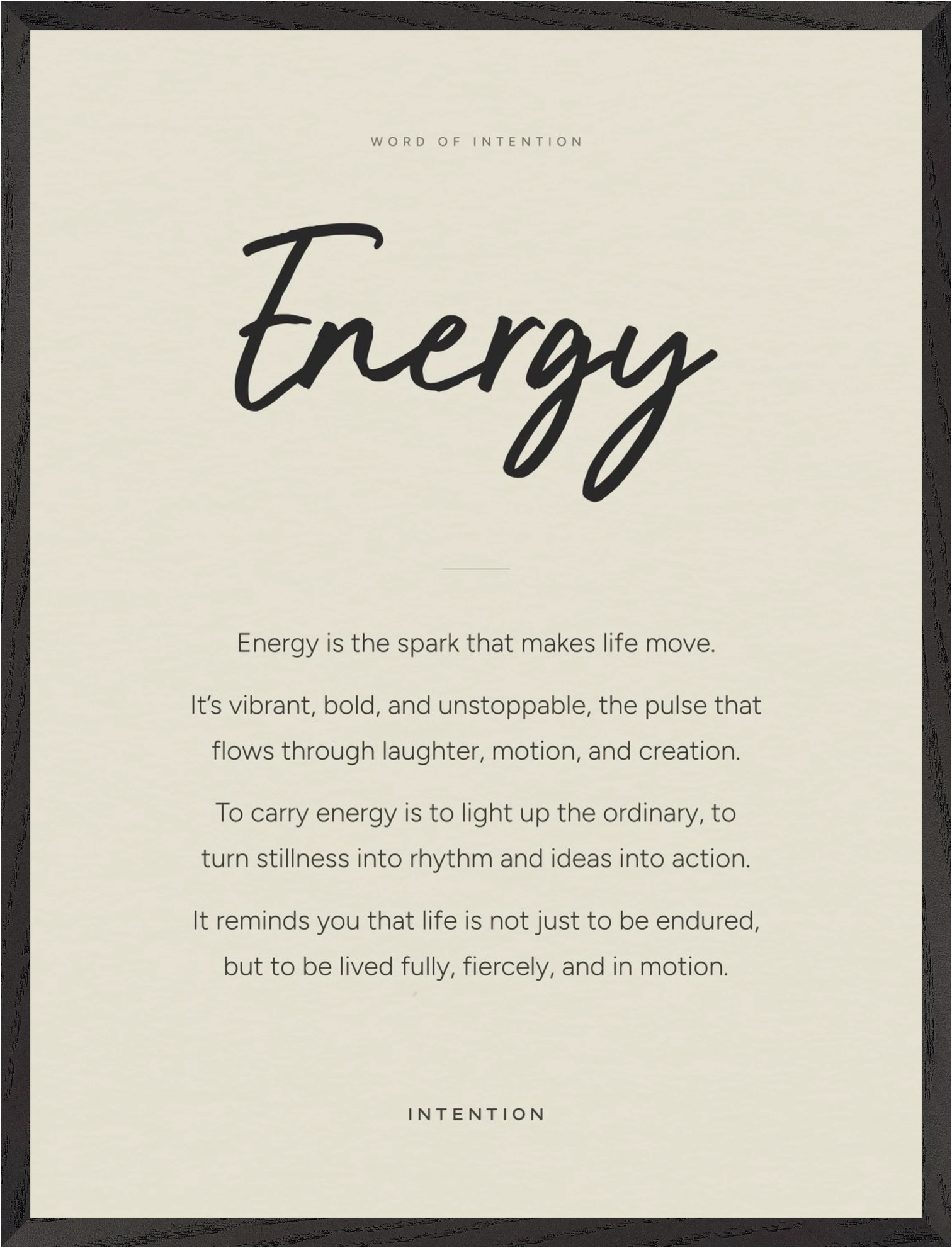 Energy Word of Intention Framed print 60x80 cm / 24x32″ Black frame Linen paper