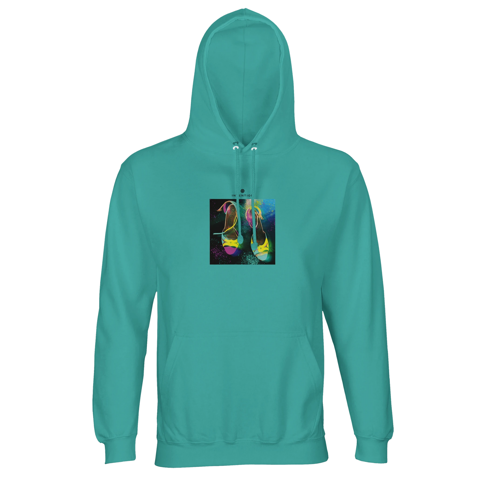 A pool blue hooded sweatshirt with a central art print of two vibrant high-heeled shoes on a dark artistic background—ideal for those who value mindful apparel.