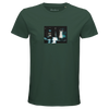 A bottle green T-shirt from mindful apparel features a rectangular chest print of a blurry nighttime scene with a car and a person standing, hands raised. "Abundance" is printed inside the collar.