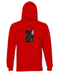 A bright red hooded sweatshirt with a front pocket and an abstract black and white art print on the chest features red drawstrings. Made from organic material, it's shown on a plain white background.