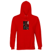 A bright red hooded sweatshirt with a front pocket and an abstract black and white art print on the chest features red drawstrings. Made from organic material, it's shown on a plain white background.