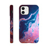 A smartphone case featuring photo art with a blue, pink, and purple marble pattern. The case is shown from the back and side, highlighting detailed textures, button cutouts, and the brand name INTENTION on the lower back.