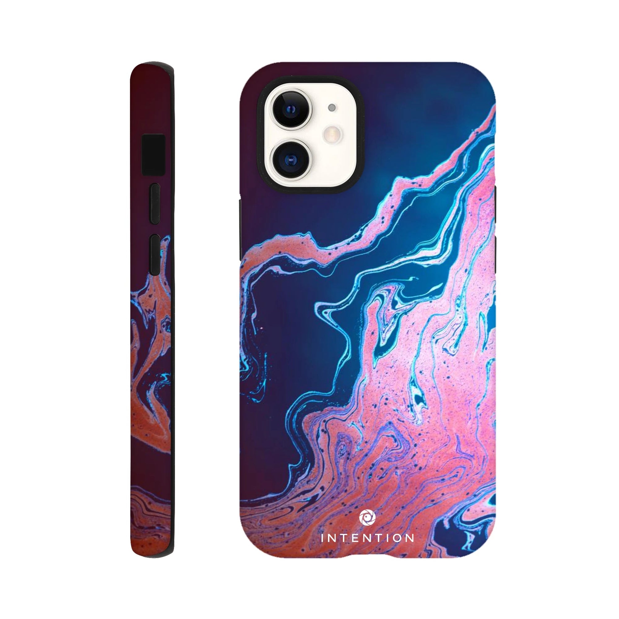 A smartphone case featuring vibrant photo art with blue, pink, and purple swirl textures, shown from the back and side. The word INTENTION is printed near the bottom of the back view.