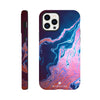 A smartphone case shown from the back and side, featuring a swirling abstract design in blue, pink, and purple tones with textured photo art and the word “INTENTION” printed near the bottom.