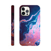 A smartphone case featuring a marble-like abstract design in pink, purple, and blue tones is shown from the back and side. The word INTENTION is printed at the bottom on the back, highlighting unique photo art textures.