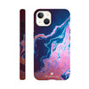 A smartphone case featuring swirling blue, pink, and purple marbled textures in a photo art style, shown from the back and side. The word INTENTION appears near the bottom of the case.