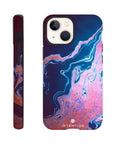IPhone case featuring vibrant photo art with swirling, marbled textures in blue, pink, and purple. The brand name Intention is printed at the bottom on the back. Front and side views are shown.