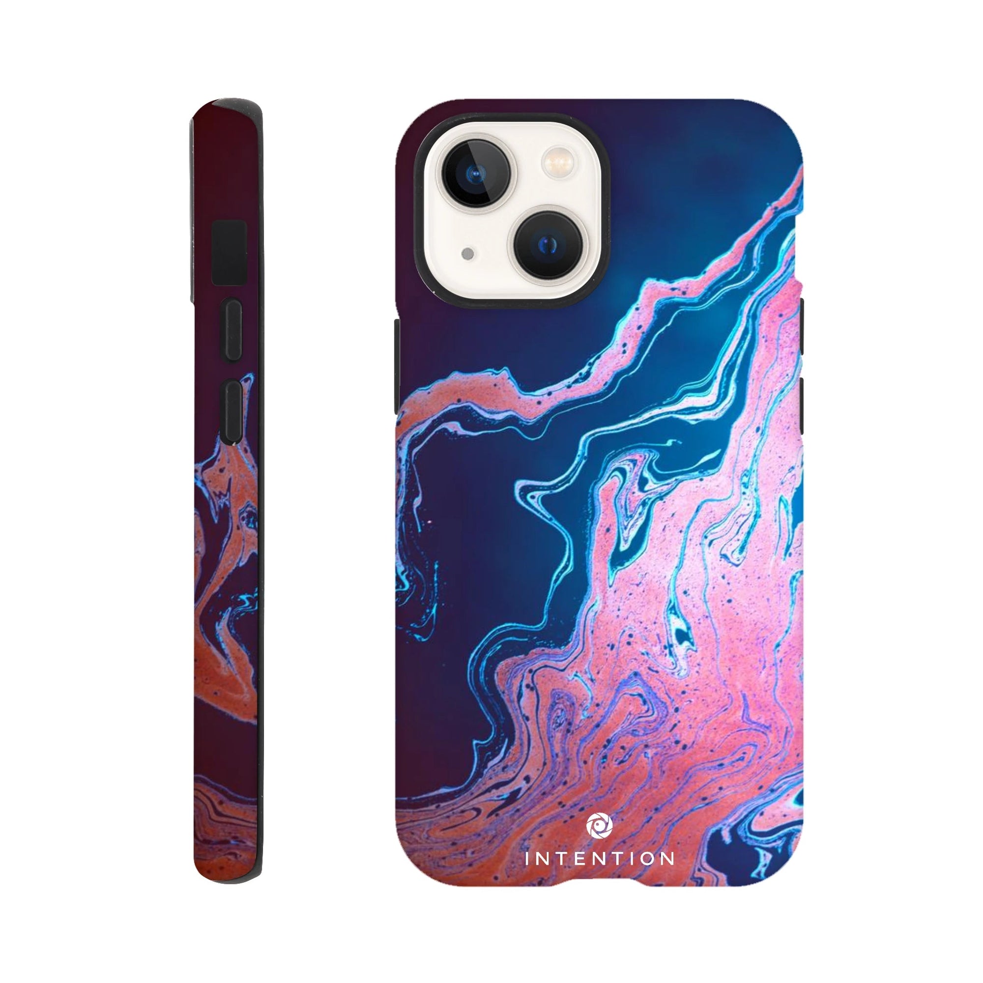 IPhone case featuring vibrant photo art with swirling, marbled textures in blue, pink, and purple. The brand name Intention is printed at the bottom on the back. Front and side views are shown.