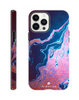 A smartphone case featuring an abstract, marbled design with art print textures in blue, pink, and purple tones. The word INTENTION is printed near the bottom on the back. The case is shown from the back and side.