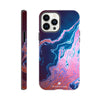 A smartphone case featuring an abstract, marbled design with art print textures in blue, pink, and purple tones. The word INTENTION is printed near the bottom on the back. The case is shown from the back and side.