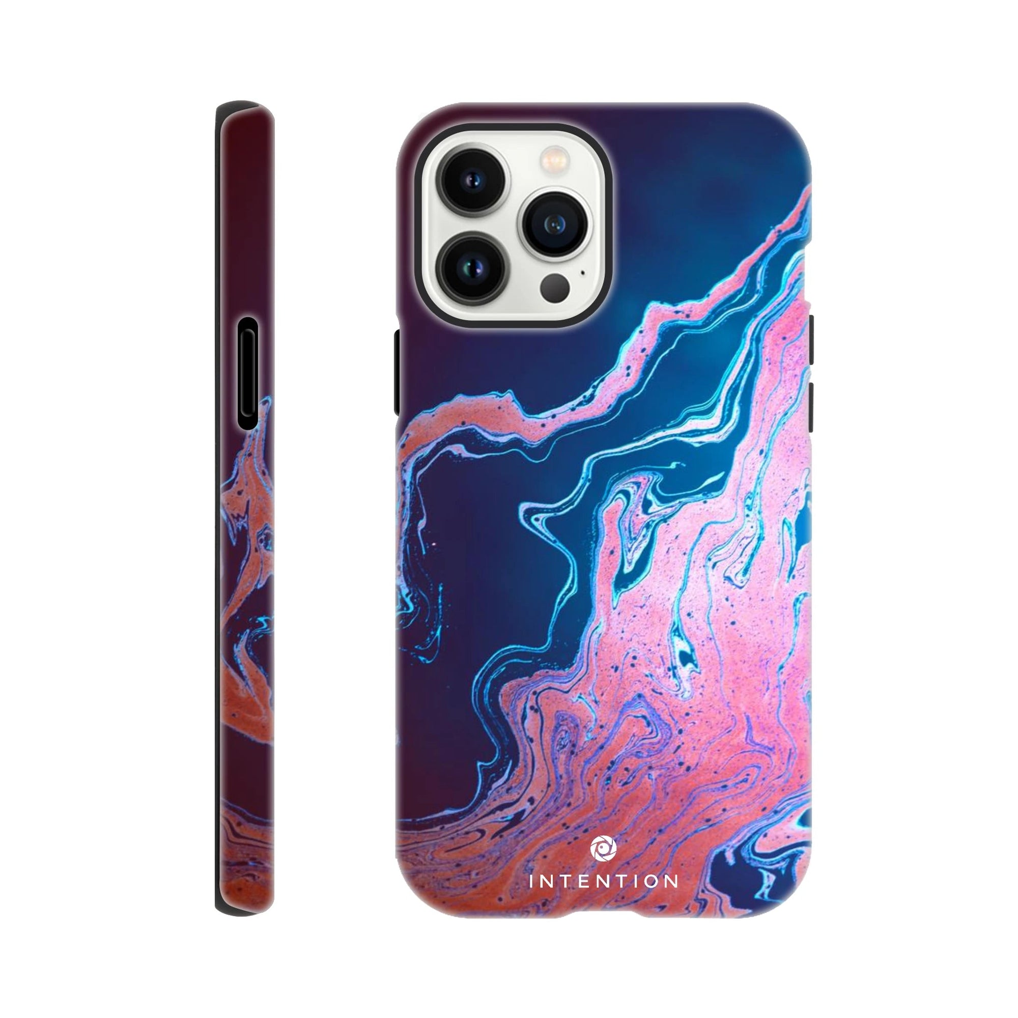 A smartphone case featuring an abstract, marbled design with art print textures in blue, pink, and purple tones. The word INTENTION is printed near the bottom on the back. The case is shown from the back and side.