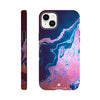A phone case with a pink, blue, and purple marbled abstract design featuring rich textures, shown from the back and side on a white background. The word INTENTION appears near the bottom on the back.