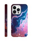 A smartphone case featuring swirling abstract photo art in shades of blue, pink, and purple is shown from the side and back. The word INTENTION and a small circular logo appear at the bottom center, highlighting unique textures.