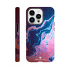 A smartphone case featuring swirling abstract photo art in shades of blue, pink, and purple is shown from the side and back. The word INTENTION and a small circular logo appear at the bottom center, highlighting unique textures.