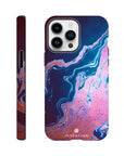 A smartphone case featuring swirling photo art in blue, pink, and purple tones with the word INTENTION near the bottom. Textures enhance the design. The image displays both back and side views of the case.