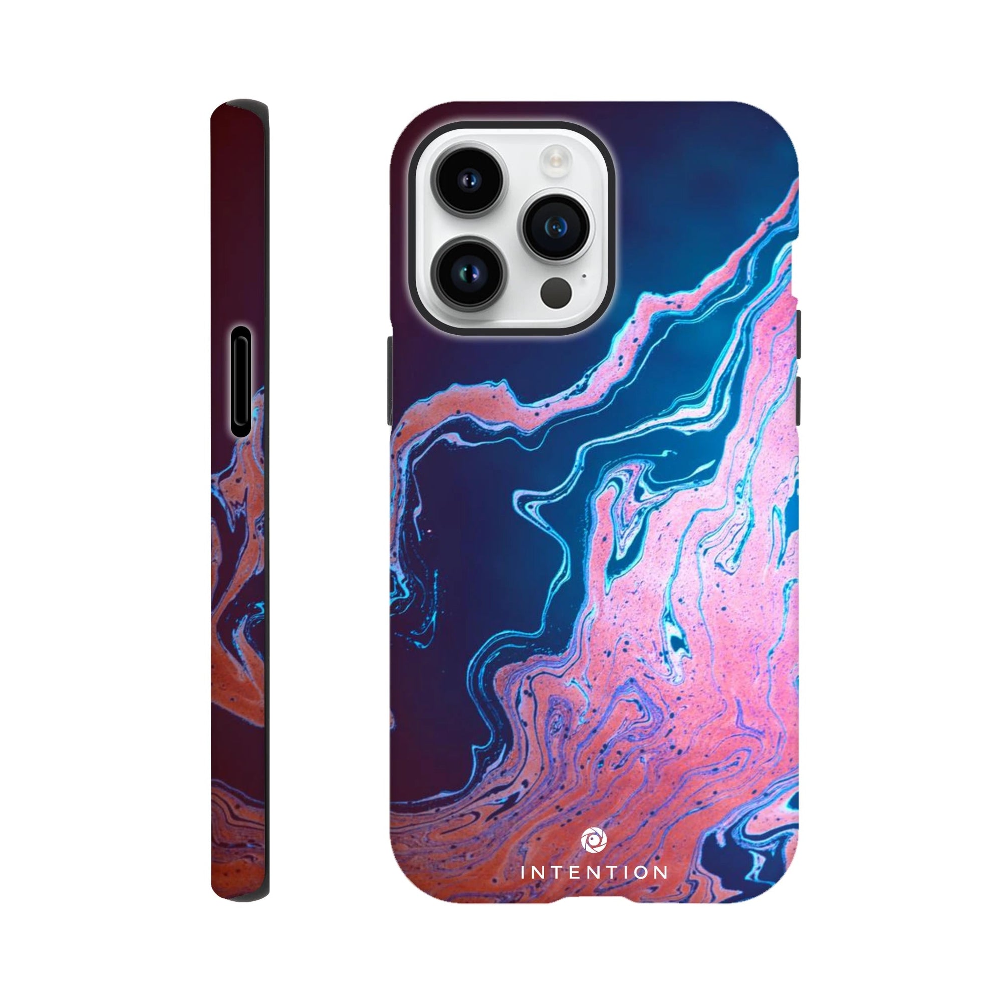 A smartphone case featuring swirling photo art in blue, pink, and purple tones with the word INTENTION near the bottom. Textures enhance the design. The image displays both back and side views of the case.