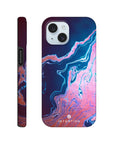 A smartphone case with a marbled abstract design in blue, pink, and purple tones features rich textures inspired by photo art. The word INTENTION is printed near the bottom on the back of the case.