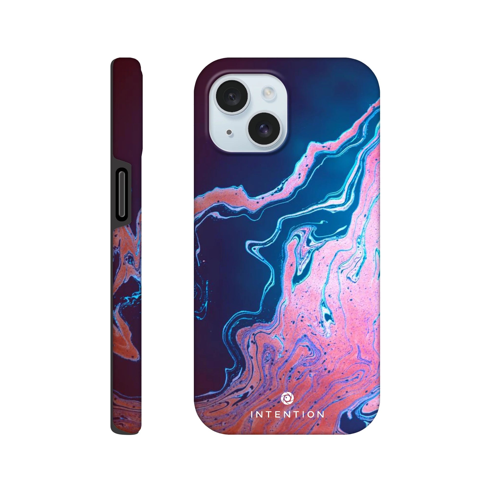 A smartphone case with a marbled abstract design in blue, pink, and purple tones features rich textures inspired by photo art. The word INTENTION is printed near the bottom on the back of the case.