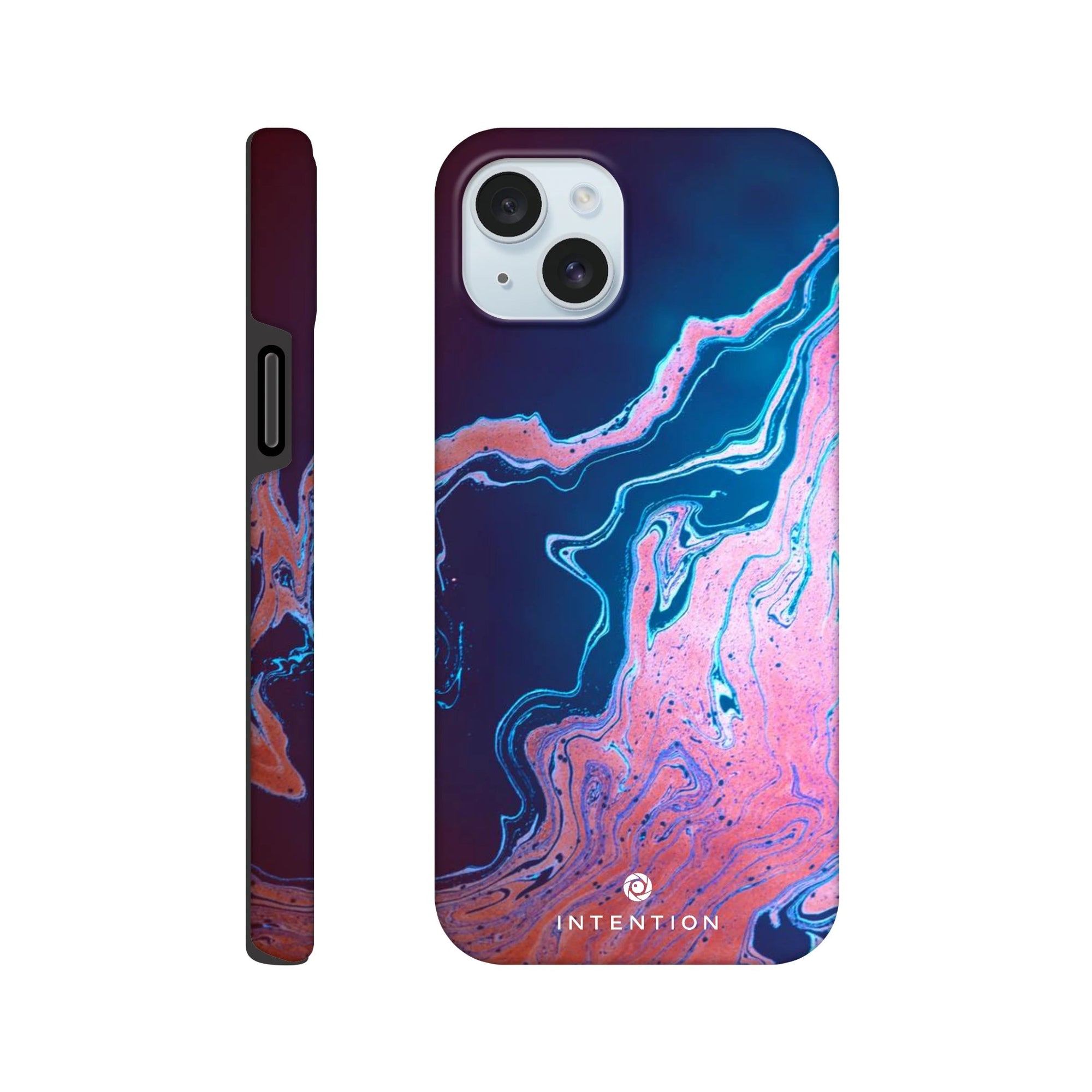A smartphone case with a marbled abstract design in blue, pink, and purple tones features art print textures. The word INTENTION is printed near the bottom on the back view, shown from both the back and side.