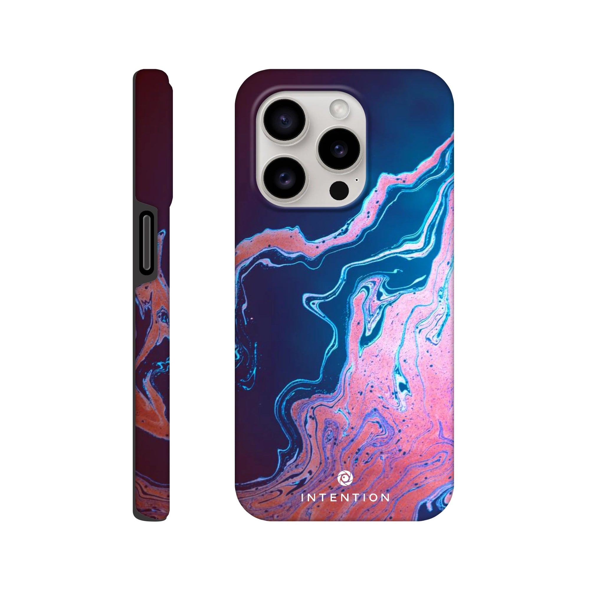 A phone case featuring a swirling abstract design in blue, pink, and purple tones is shown from the back and side. The word INTENTION is printed near the bottom, highlighting art print textures on the back.