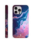 A smartphone case with a blue, purple, and pink marbled design features unique textures inspired by photo art. The word INTENTION is printed in white near the bottom of the back view.