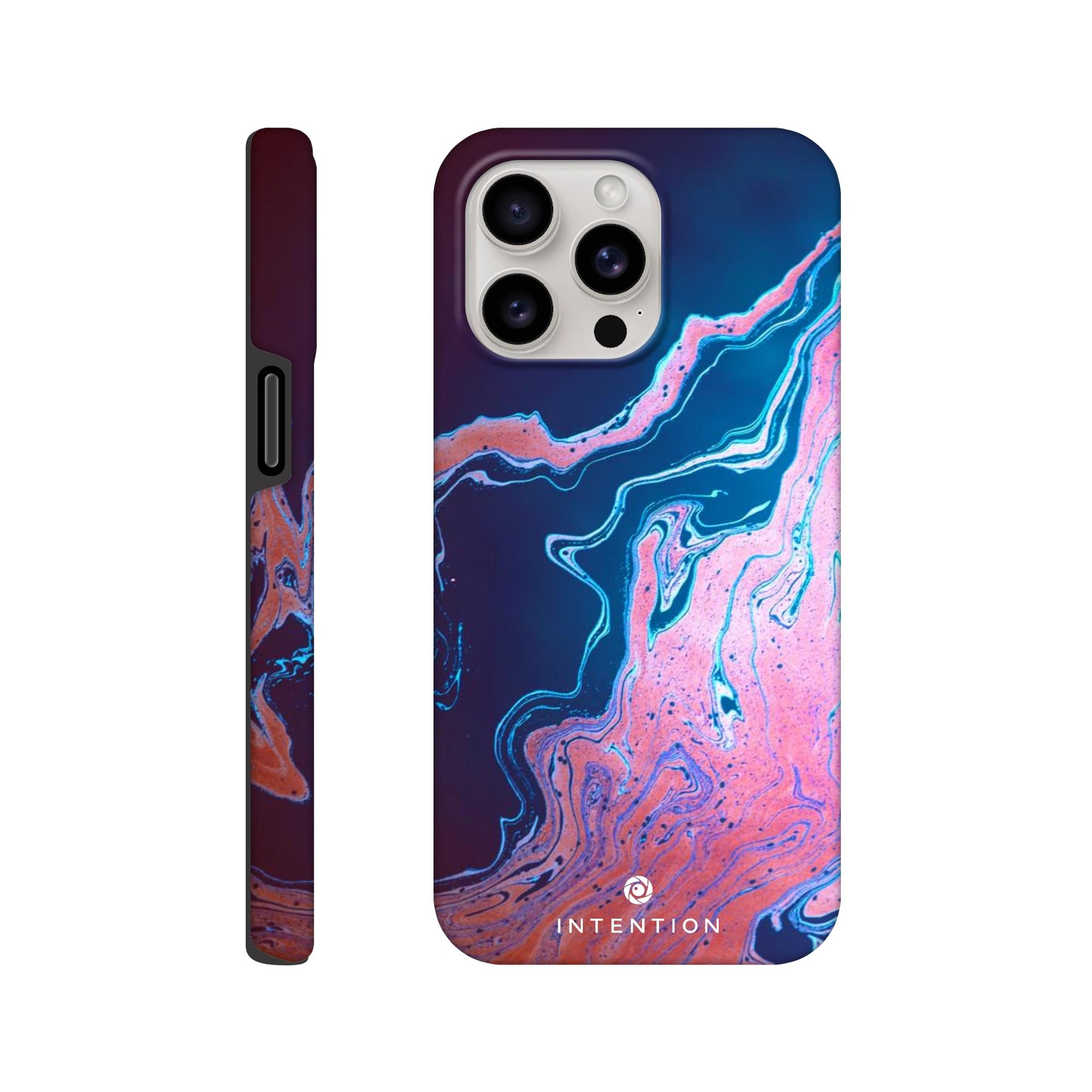 A smartphone case with a blue, purple, and pink marbled design features unique textures inspired by photo art. The word INTENTION is printed in white near the bottom of the back view.