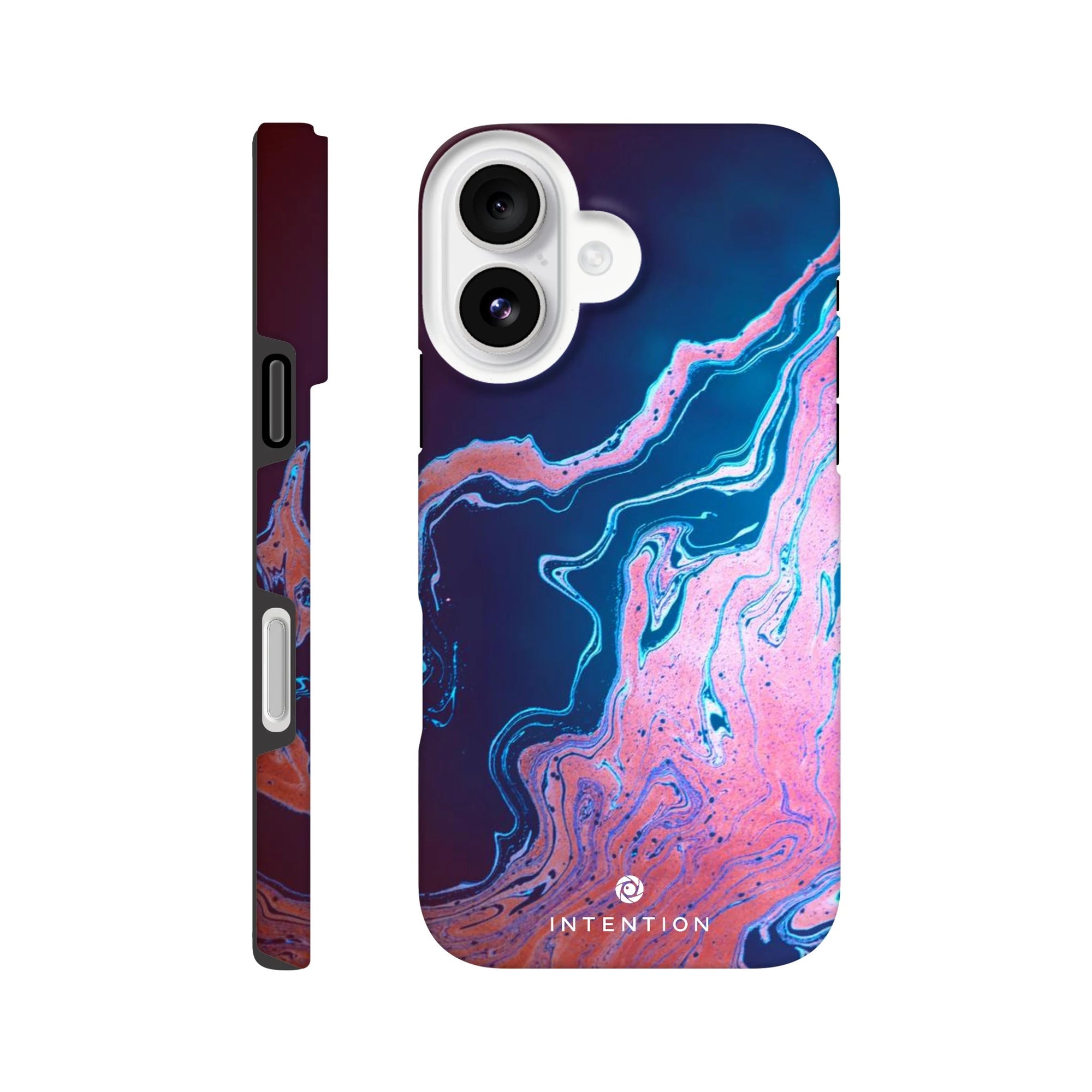 A phone case with an abstract photo art design featuring swirling blue, pink, and purple textures is shown from the back and side. The word INTENTION is printed near the bottom on the back.