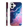 A phone case with a swirling abstract pattern in blue, pink, and purple tones is shown from the back and side. The word INTENTION is printed at the bottom of the back view, highlighting its unique art print textures.