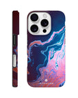 A smartphone case featuring photo art with a marbled abstract design in pink, blue, and purple tones, shown from the back and side. The word INTENTION is printed near the bottom of the back view.