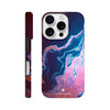 A smartphone case featuring photo art with a marbled abstract design in pink, blue, and purple tones, shown from the back and side. The word INTENTION is printed near the bottom of the back view.