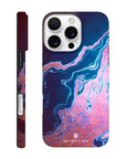 A smartphone case featuring an abstract design with swirling blue, pink, and purple patterns. The word INTENTION is printed near the bottom. The case showcases textured photo art from back and side angles.