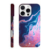 A smartphone case featuring an abstract design with swirling blue, pink, and purple patterns. The word INTENTION is printed near the bottom. The case showcases textured photo art from back and side angles.