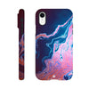 A smartphone case featuring swirling abstract photo art in blue, pink, and white textures is shown from the side and back angles. The brand name Intention is printed in small letters at the bottom.