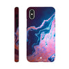 A phone case featuring a marbled abstract design in blue, pink, and purple tones with artistic textures is shown from the back and side. The word INTENTION is printed at the bottom of the back view.