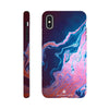 A phone case featuring a marbled abstract photo art design in blue, pink, and purple hues. The word INTENTION is printed near the bottom. Both the back and side views highlight the unique textures of this art print accessory.