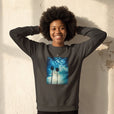 Gratitude - "Bubbles and Sky Sticks" deep charcoal grey Sweatshirt worn against a sunlit plaster wall