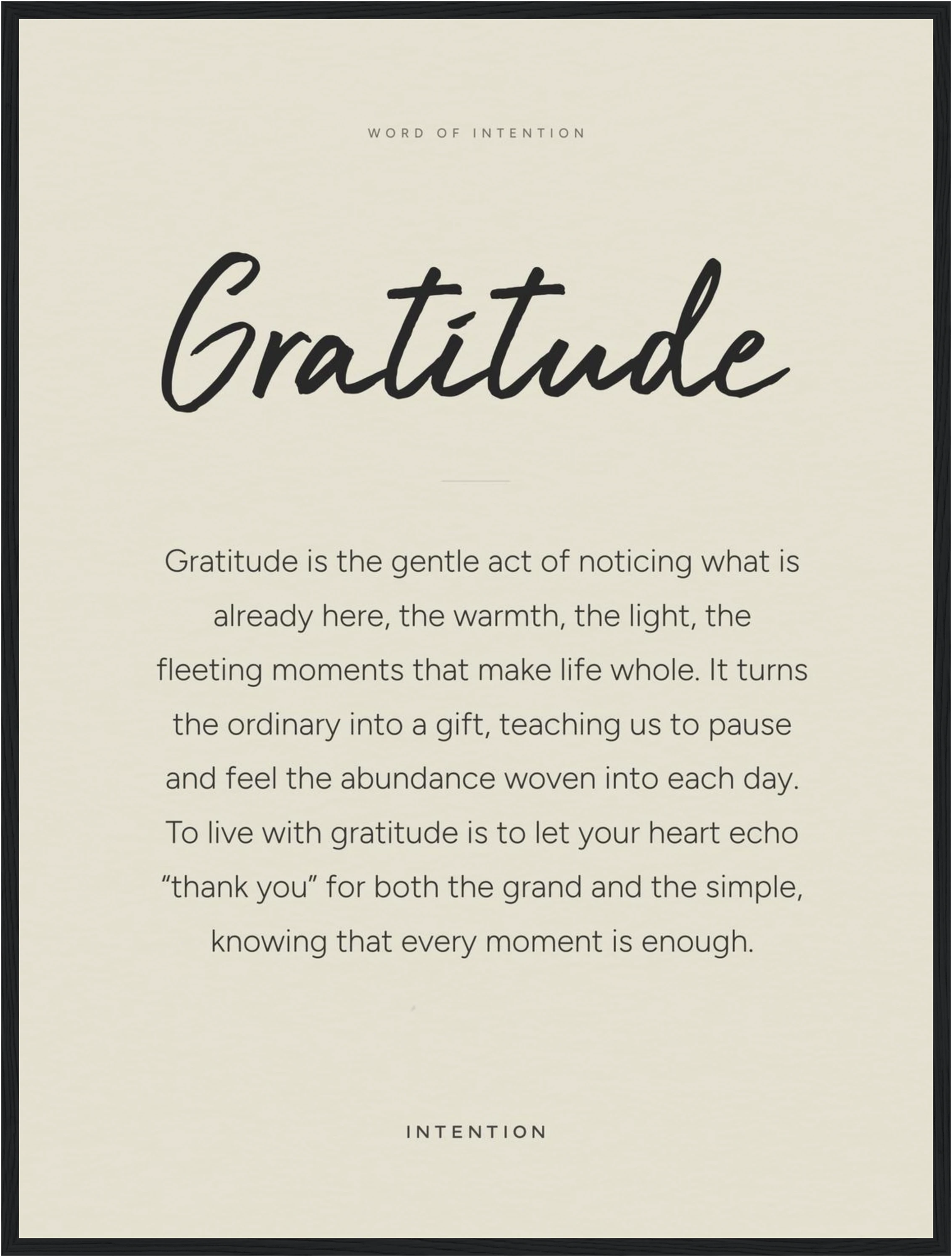 Gratitude Word of Intention Framed print 60x80 cm / 24x32″ Black frame Linen paper
