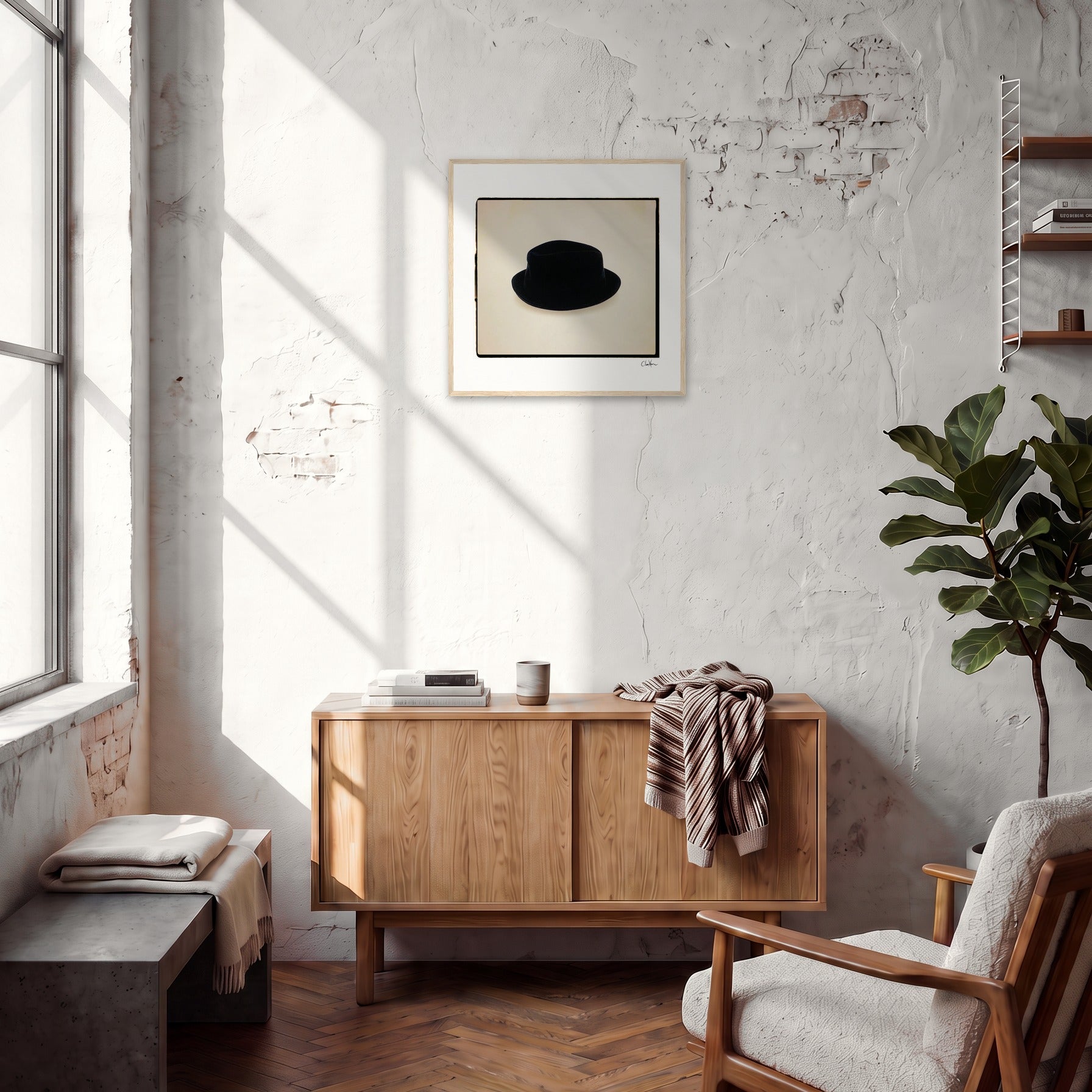 Hat On Framed print 50x50 cm / 20x20″ Wood frame in interior