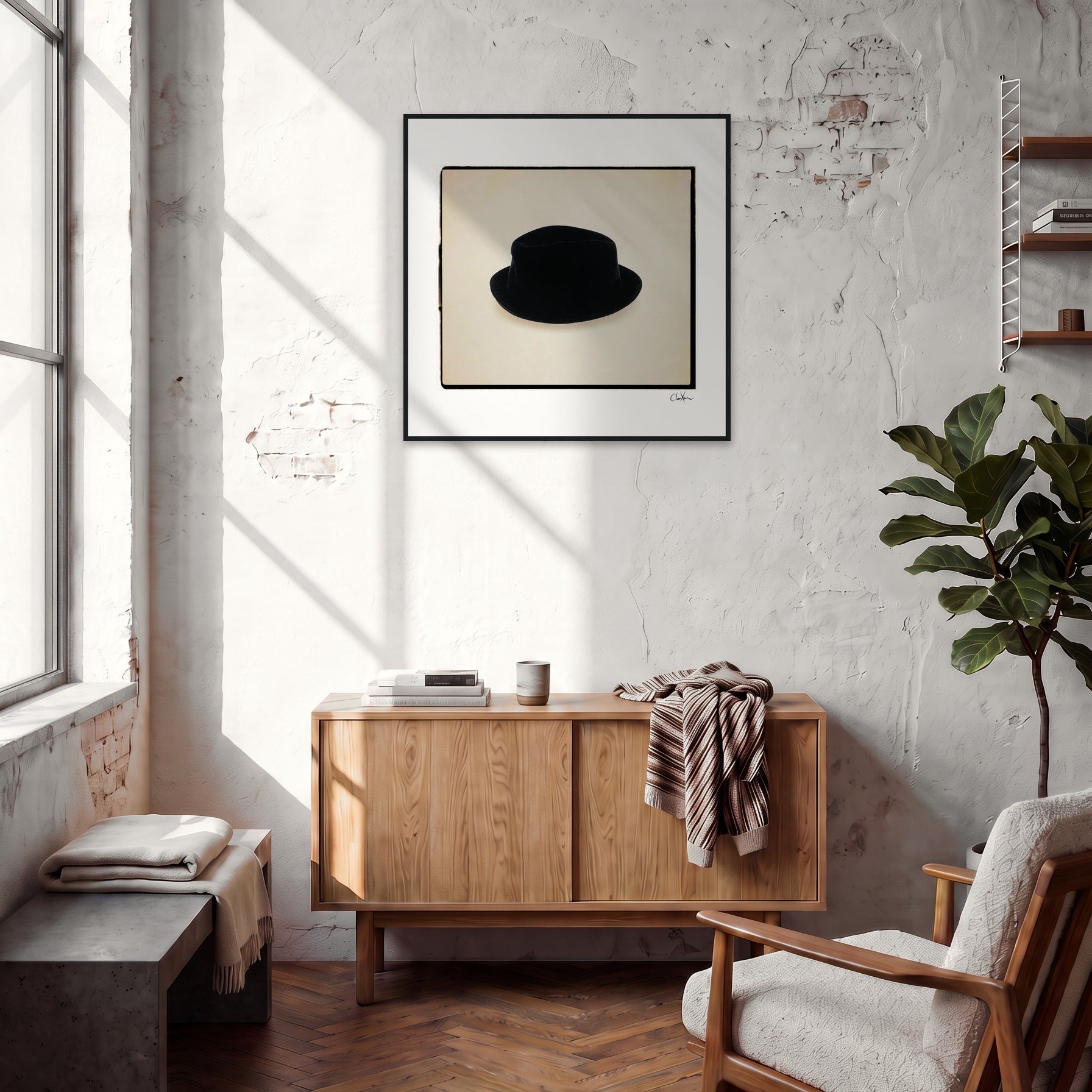 Hat On Framed print 70x70 cm / 28x28″ Black frame in interior