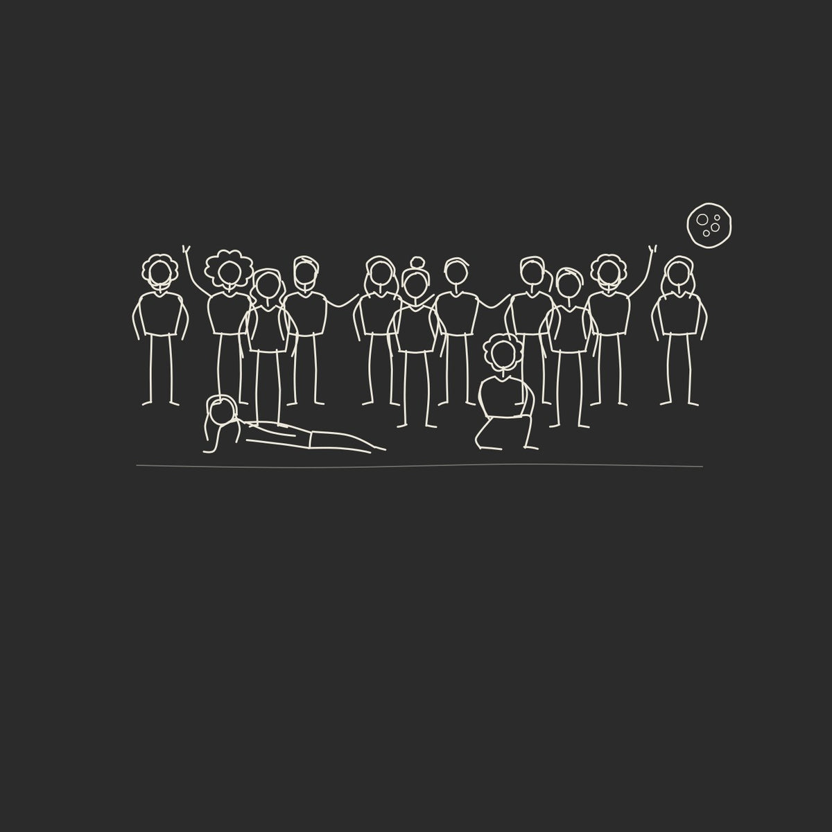 A hand drawn group portrait of the thirteen characters in the Intention Cast under a full moon, linen strokes on carbon